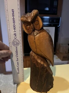 Vintage Carved Wood Owl Sculpture Decoy Lure on 10.5 Inches Tall Signed Split - Picture 1 of 15