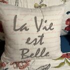 La Vie EST Belle Throw Pillow W/insert Pink Script Grey Embroidery 16x16