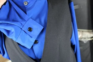 L&N Mens Shirt Medium Restaurant Uniform Button Faux Vest Blue Black Back Tie - Picture 1 of 24
