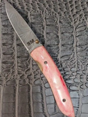 Cattle Bone Pink Handle Damascus 1095/15n20 Steel Spear Point Pocket Knife - Image 1 of 4