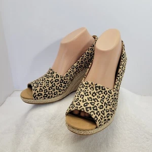 TOMS Michelle Espadrille Cheetah Print Slip On Peep Toe Wedges Womens Size 9.5 - Picture 1 of 14