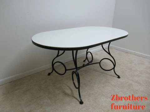 VTG French Regency Wrought Iron Dining Room Table Milk Glass Top Coleman Kalick Cover