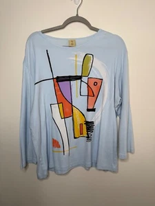 Jess & Jane Women's 2x Light Blue Art to Wear Long Sleeve T-shirt Modern Art - Picture 1 of 6