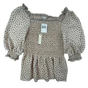 NEW Max Studio Elbow Length Sleeve Smock Crepe Blouse Small Blush Polka Dot - Picture 1 of 9