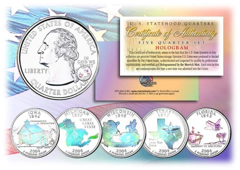 2004 HOLOGRAM U.S. MINT STATE QUARTERS * Complete Set of 5 Coins * with Capsules Cover