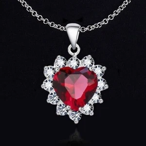 925 Sterling Silver Womens Red Heart Garnet Gemstone 24" Pendant Necklace D362 - Picture 1 of 5