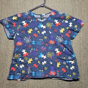 Zoe + Chloe Women's XL Scrub Top Shirt Autism Awareness Puzzle Heart Roses Nurse - Picture 1 of 10