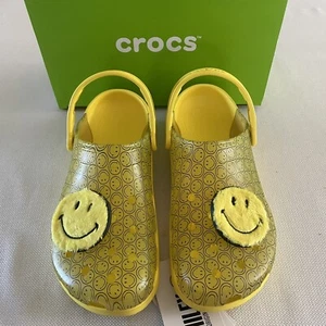 Crocs Classic Translucent Smiley Clog Fuzzy Yellow Patch Men's 10 Women 12 - Picture 1 of 10