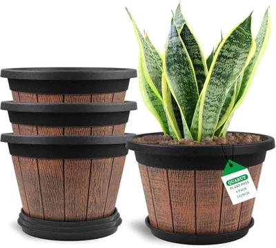  Paquete grande de 4 macetas para plantas, macetas de barril de whisky con orificios de drenaje y 14 pulgadas Foto 1 de 4