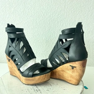 Lane Boots BECCA Womens Black Wedges 5 Western Sandals Cowgirl Leather Wooden - Picture 1 of 11