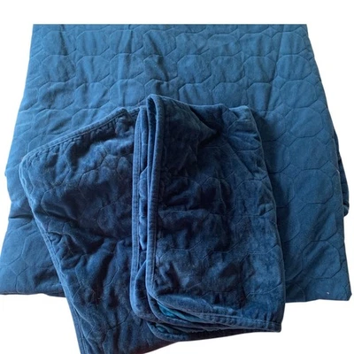Velvet Velour King Size Quilted Coverlet Bedspread 2 Shams Peacock Navy Blue Set - Image 1 of 4