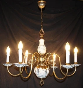 A VINTAGE BRASS AND CERAMIC CHANDELIER FRENCH CEILING LIGHT (jl15) - Picture 1 of 12