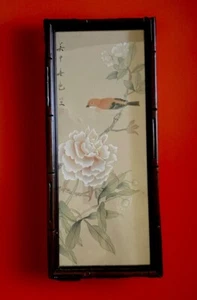 Chinese Watercolor Painting on Silk Bird and Flowers Scene Framed & Signed 4/4 - Picture 1 of 8