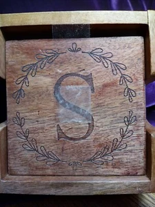 Wood Coasters In Holder Initial "S" - Picture 1 of 4