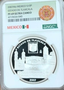 2007 MEXICO SILVER 10 PESOS ESTADO DE TLAXCALA NGC PF 69 ULTRA CAMEO RARE GEM - Picture 1 of 4