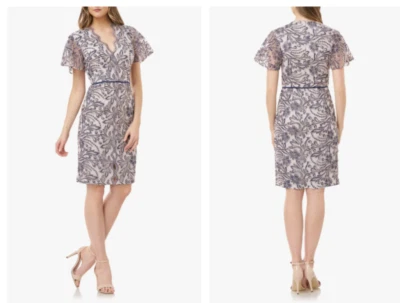 JS COLLECTIONS Navy Sky Blue Embroidered Soutache Sheer Flutter Sleeve Dress 2 - Image 1 of 3