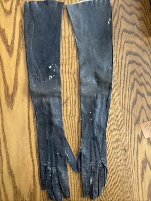 老式长肘长皮革手套,开口手腕纽扣孔,尺寸 6.25 — 第 1/4 张图片