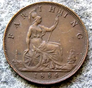 GREAT BRITAIN QUEEN VICTORIA 1884 FARTHING SEATED BRITANNIA, BRONZE - Picture 1 of 6