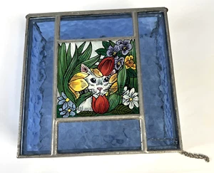 Cat in the Garden Stained Glass Blue 5" Square Trinket or Jewelry Box 1980s - Picture 1 of 8
