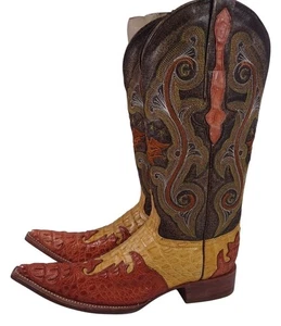 Neu ohne Karton El General Cowboystiefel Krokodilleder bestickt rot gelb braun Größe 6,5 - Bild 1 von 9