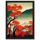 Modern Japanese Red Maple Trees On Hillside Framed Wall Art Picture Print A3