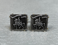 Vintage Knight on Horse Silver Tone Disk on Yellow Gold Plated Cuff Links