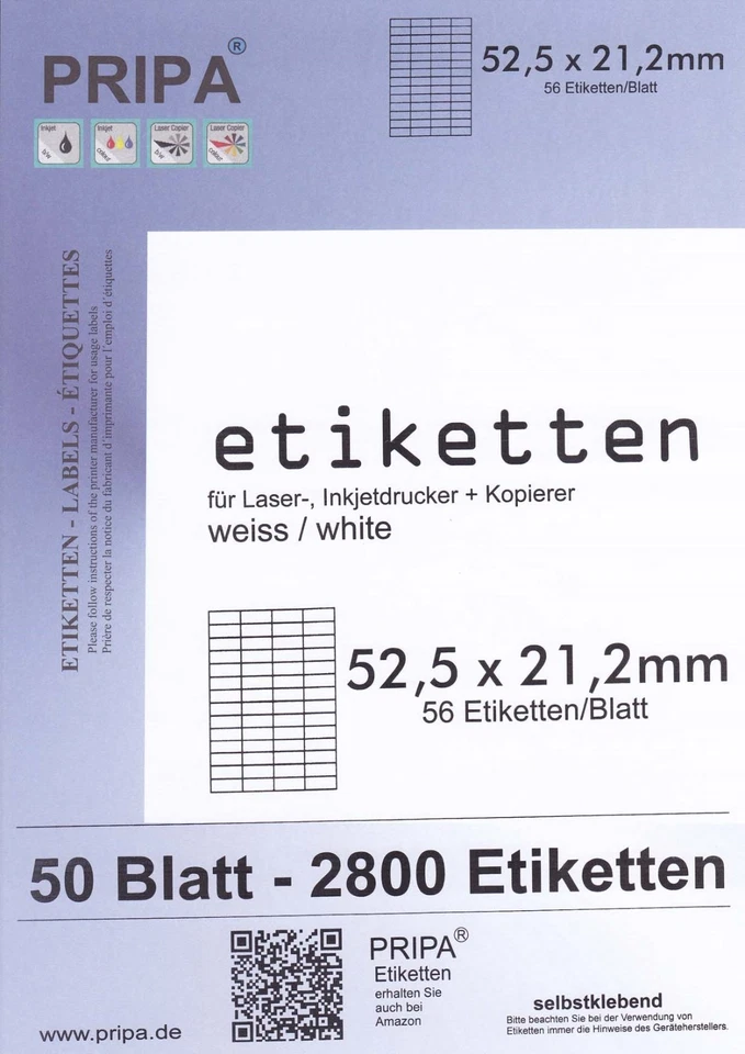 2800 Etiketten 52,5x21,2mm/50 A4-Bögen Copy/Laser/Tinte selbstklebend 210x297mm - Bild 1 von 1