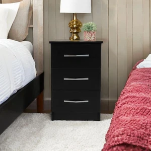 Assembled Modern Black 3 Drawers Bedside Cabinet Wooden Storage Unit - Picture 1 of 2