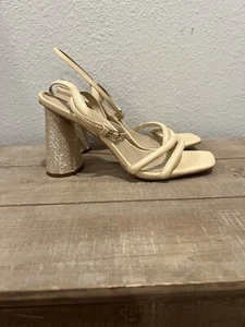 Sam Edelman Kia Sandals Woven Oval Shaped Block-Heel Cream Leather Strappy 9.5 - Picture 1 of 12
