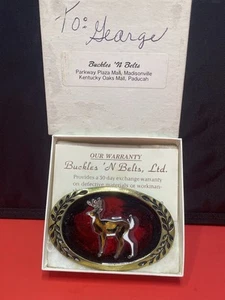 Vtg Red Enamel Heritage Buck Buckles Solid Brass Deer Belt Buckle Hunting Nature - Picture 1 of 5