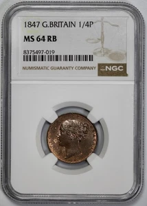 1847 Great Britain 1/4P Farthing NGC MS 64 RB Red Brown Finest Known - Picture 1 of 4