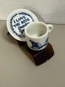 Miniature Teacup & Saucer Set w/ Stand - Grandparents "I Love You Both" - Picture 1 of 9