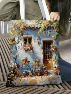 Tote Bag, Canvas Pastoral Village And Bicycle Theme, Large Capacity - Picture 1 of 2