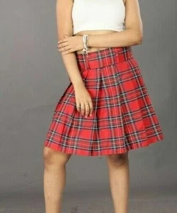 Women's Red Tartan Mini Skirt School Girls Check Pleated Midi 18" High Waist - Picture 1 of 6