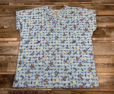 Women's Simply Basic L Scrub Top blue floral Nurse Doctor Medical - Image 1 of 4