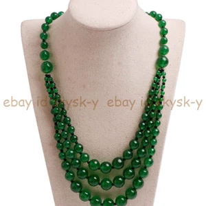 3 Rows Natural Green Jade 4-12mm Round Gemstone Beads Layered Necklace 18-20'' - Picture 1 of 6