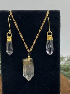 Vintage gold tone, genuine crystal points, earrings & pendant in pink bag - Picture 1 of 5
