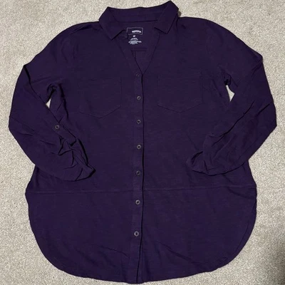 Sonoma 女式纽扣衬衫上衣 V 领领卷袖紫色,M 码 — 第 1/4 张图片