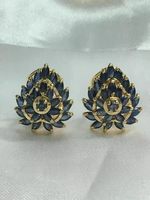 Aretes para mujer Marquesa de zafiro azul simulado enchapados en oro amarillo de 14 k Foto 1 de 4