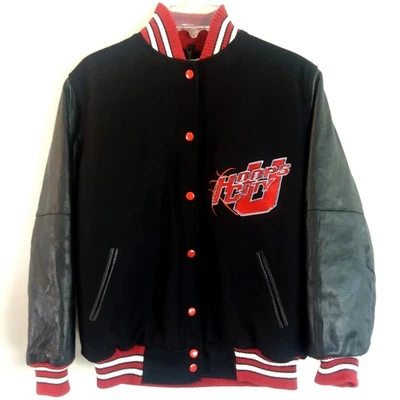 Chaqueta de bombardero universitaria vintage Hoops City U para mujer XS roja negra mangas de cuero retro Foto 1 de 4