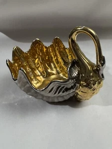 Stunning Ceramic Swan Bowl Gold Luster Dark Silver Gunmetal Planter Objet d'Art - Picture 1 of 15