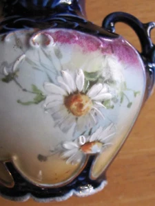 Antike Porzellan Vase mit Doppelhenkel und Gesicht Kobaltblau und floral bemalt - Bild 1 von 7