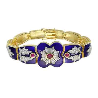 Art Deco Style Lab Created Diamond Ruby Blue Enamel Bracelet 14K Yellow Gold FN - Image 1 of 4