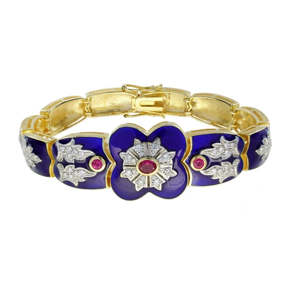 Art Deco Style Lab Created Diamond Ruby Blue Enamel Bracelet 14K Yellow Gold FN - Image 1 of 4