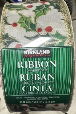 Kirkland Signature Christmas Ribbon Green Multi Holly Wire Edged 2.5 Inches New - Image 1 of 2