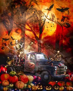 Halloween Moon Fabric Pumpkin Old Truck Digital Cotton David 35.5"X44" Panel - Picture 1 of 1
