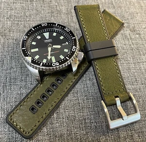 Leather Rubber Hybrid Sports Watch Strap / Green Black / 316 Steel 20/22mm - Picture 1 of 7