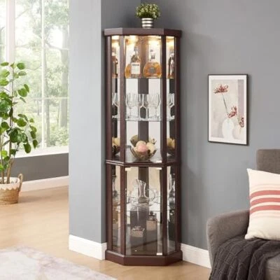 Vitrina de esquina para gabinete de curiosidades iluminado 69" H, gabinete de vidrio de esquina Foto 1 de 4