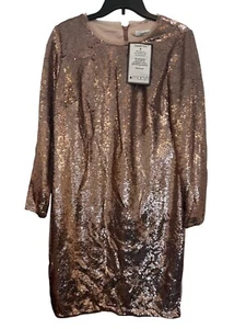 Calvin Klein Rose Gold Sequin Dress Long Sleeve Crew Neck Back Zipper Fully Line - Picture 1 of 5