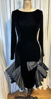 Винтажный NIPON бутик женщин черный бархат / тафта оборки миди платье Sz 6 б/у - Изображение 1 из 4